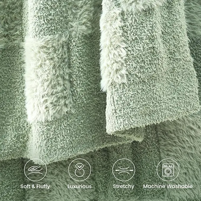 50x60 Inch Faux Fur Throw Blanket - Solid Sage Green Checkered Design, Microfiber Yarn, Cozy and Warm, Perfect for Couch, Sofa, 5