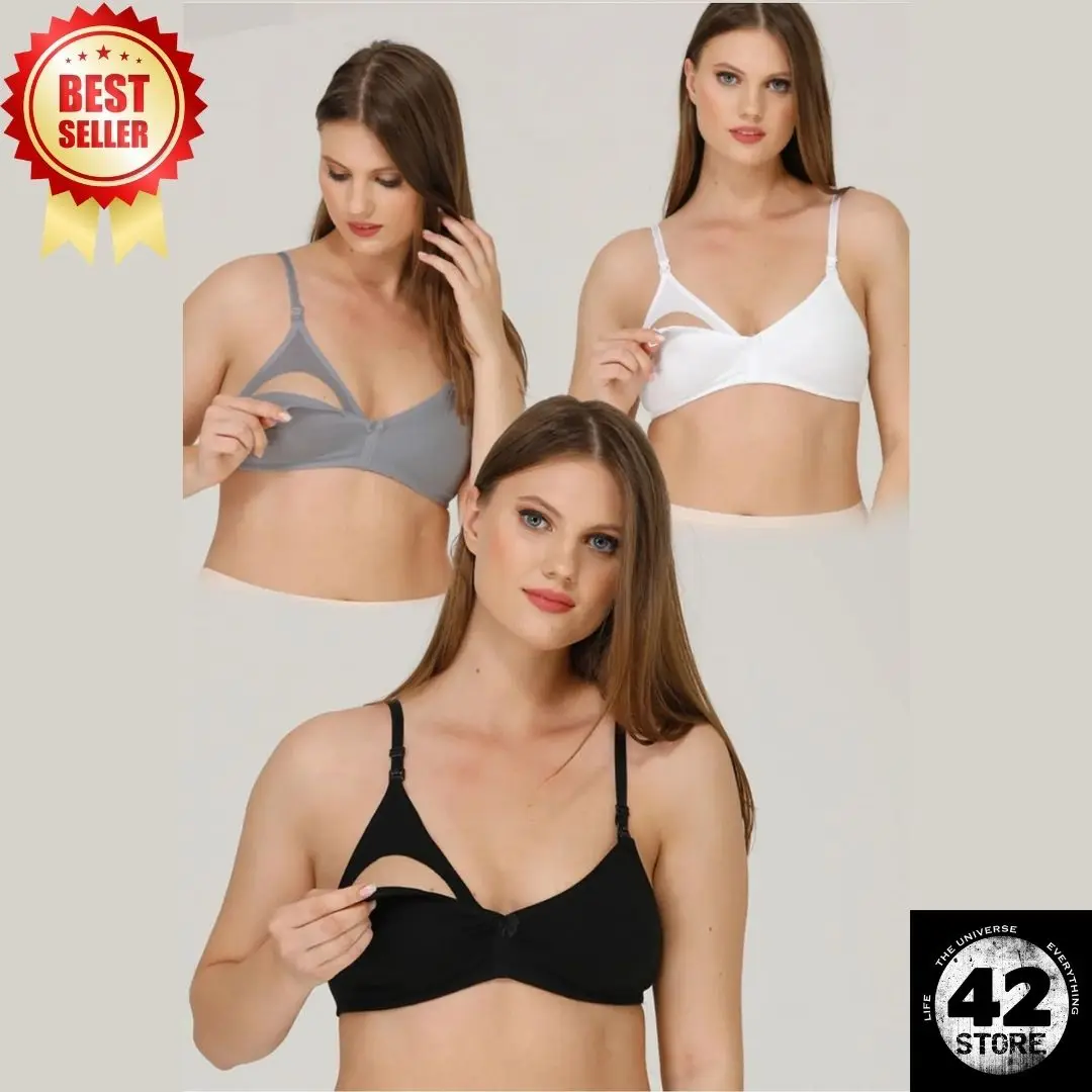 Turkish Cotton 3 Piece Nursing Bra Set Black White Gray