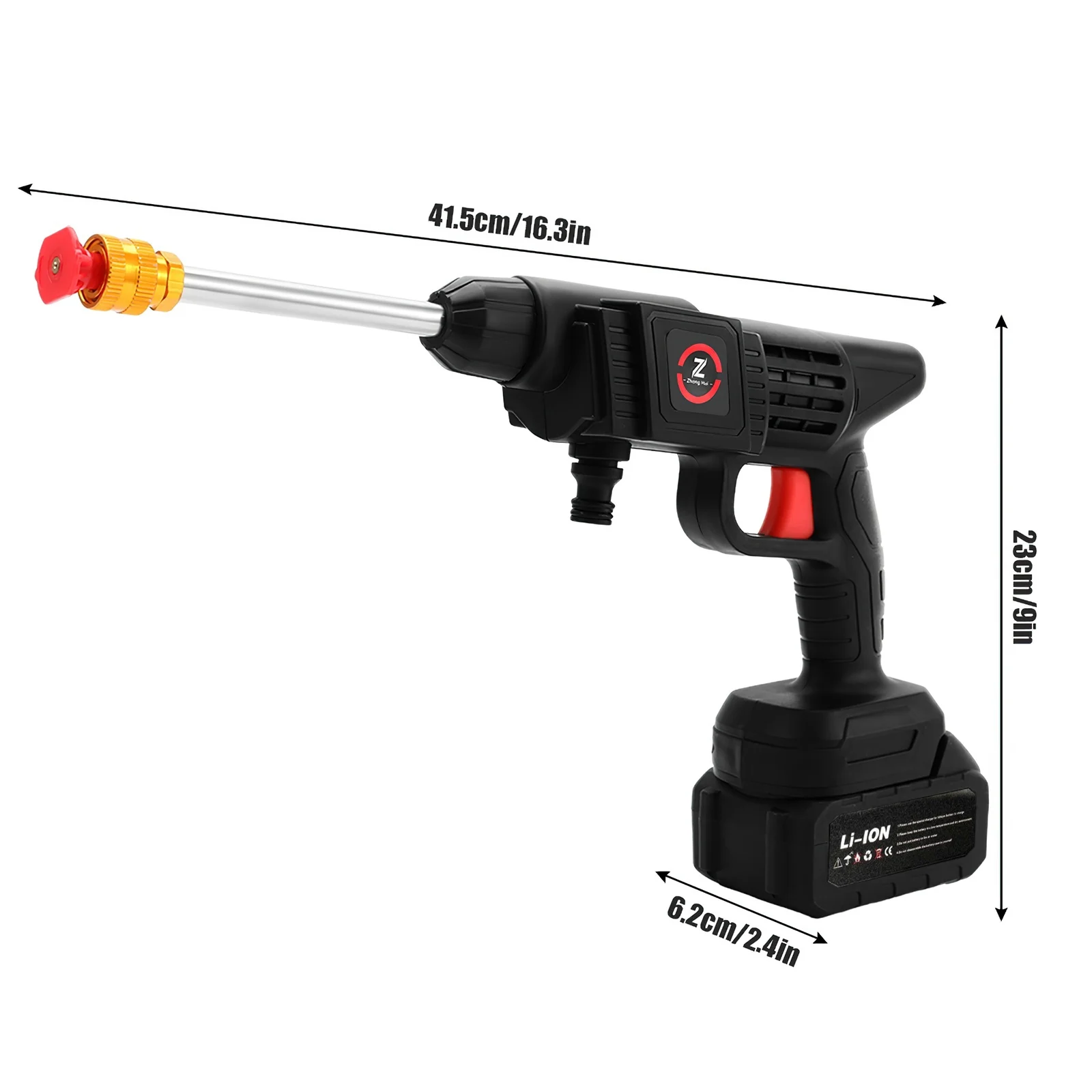 Detailed view of cordless pressure washer components