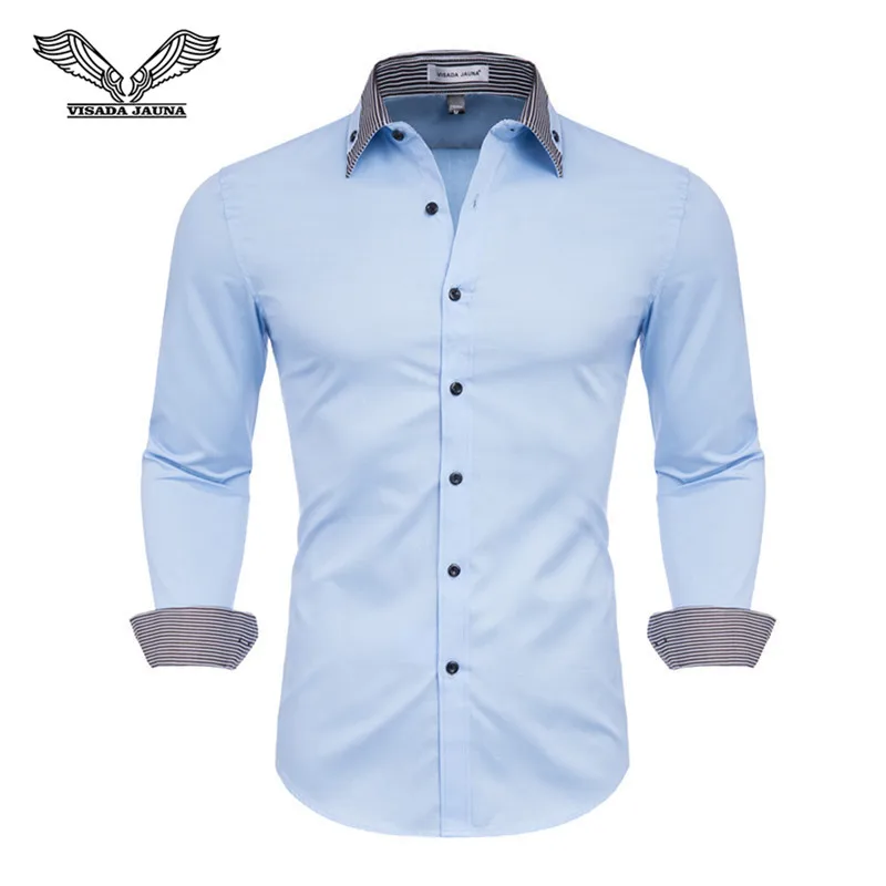 VISADA JAUNA 100% Cotton Double Collar Features Shirts Men Casual Shirt Long Sleeve Casual Slim Fit Male Shirts N5133