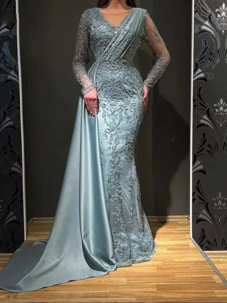 Moslim Grey Mermaid Avond Jurken 2025 Luxe Kralen Elegante Overrok Satijn Voor Vrouwen Party LA71543 main image 1