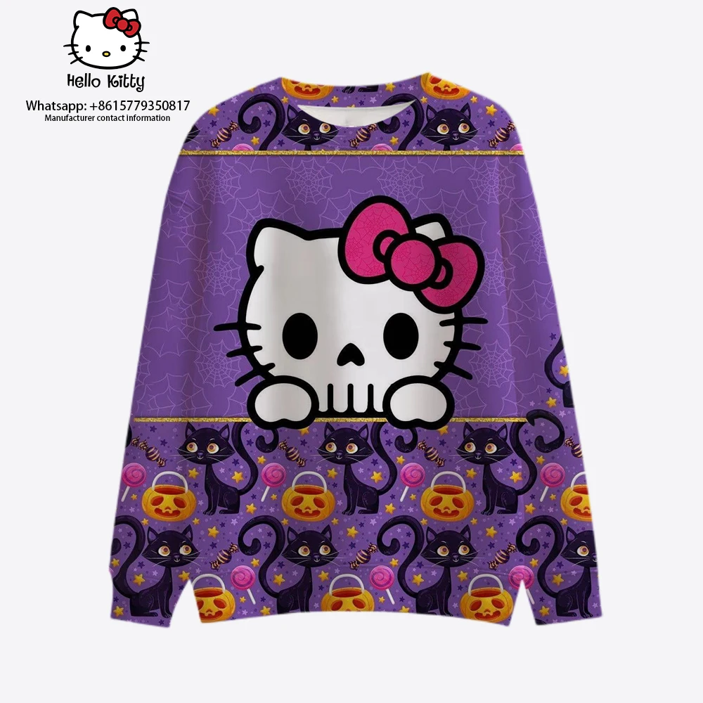 

Hello Kitty Women's Halloween Sweatshirt Loose Sweater Retro Pumpkin Print Long Sleeve Crew Neck Pullover Women's Oversized Funn