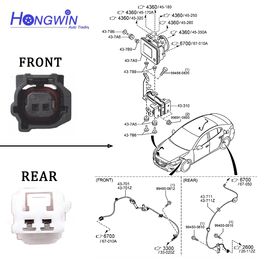 ABS Wheel Speed Sensor Front Rear B45G-43-71Y B45A-43-70X B45A-43-70XA B45A 43 70XA fits Mazda 3 (BM BN) L4 2.0L 2.5L 2014-