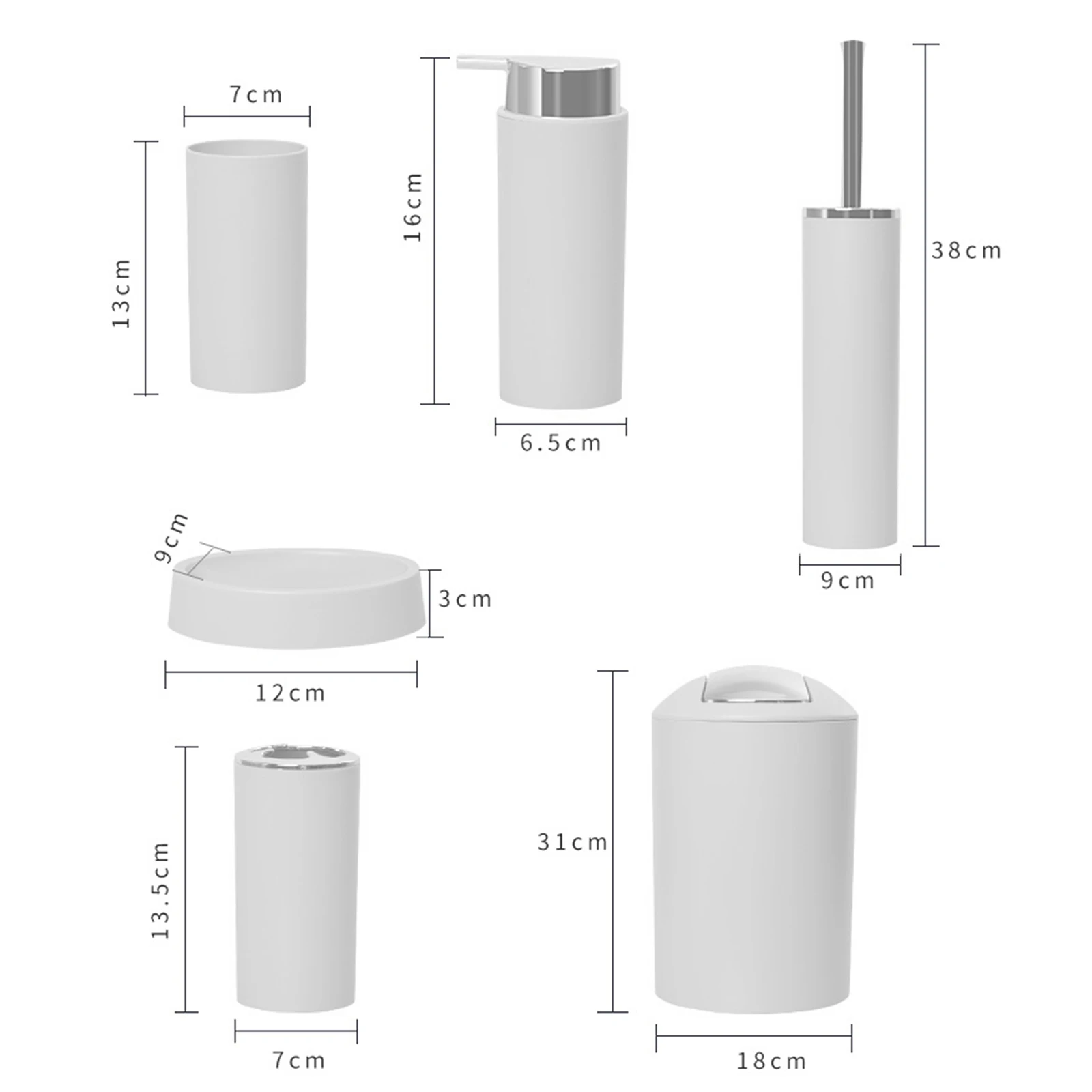 Six Piece Plastic Bathroom Set Soap Dish Trash Can Toilet Brush