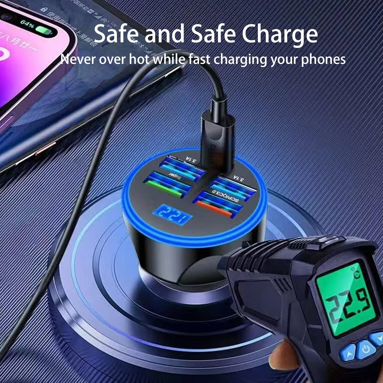 Caricatore Auto 6 in 1 con Display QC, Adattatore USB PD Tipo C, Cavo Ricarica Rapida per iPhone, Accendisigari, Accessori Inter - immagine 6