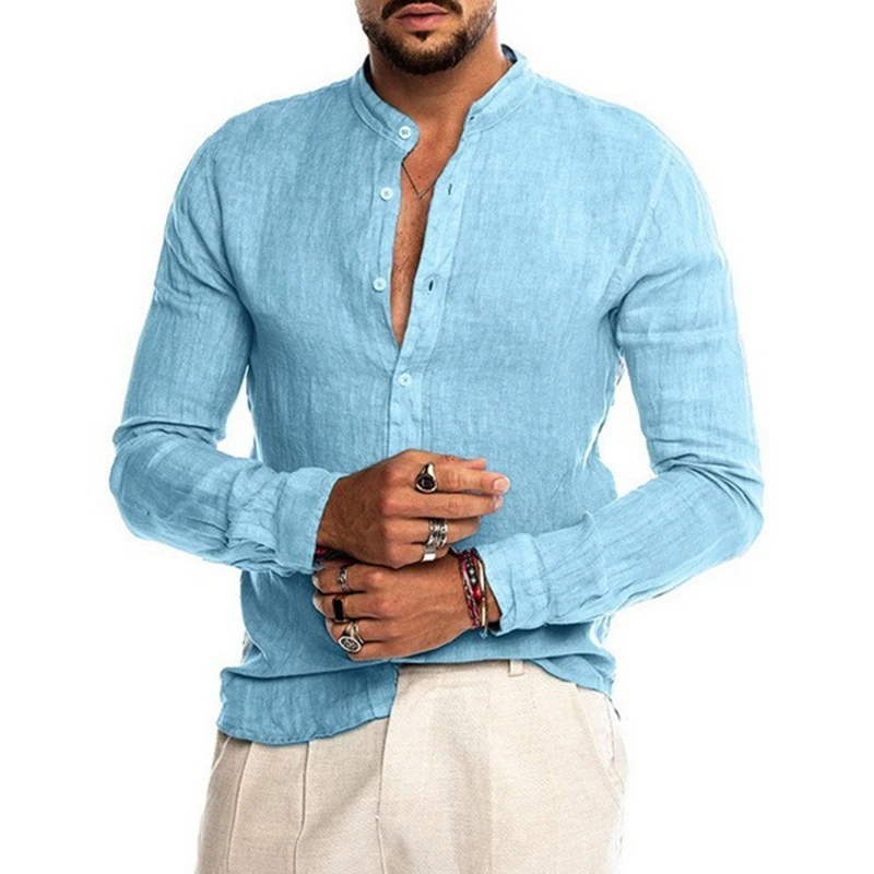 Camisas masculinas de manga longa de linho algodão, camisa casual de praia de verão de alta qualidade com gola mandarim, plus size 5XL, 2022