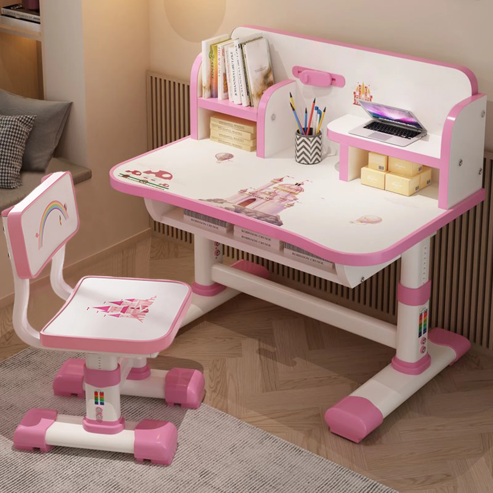 Kids Functional Desk and Chair Set, Height Adjustable Children School Study Table Chair Set, Ergonomic Desk Chair with Drawer 2