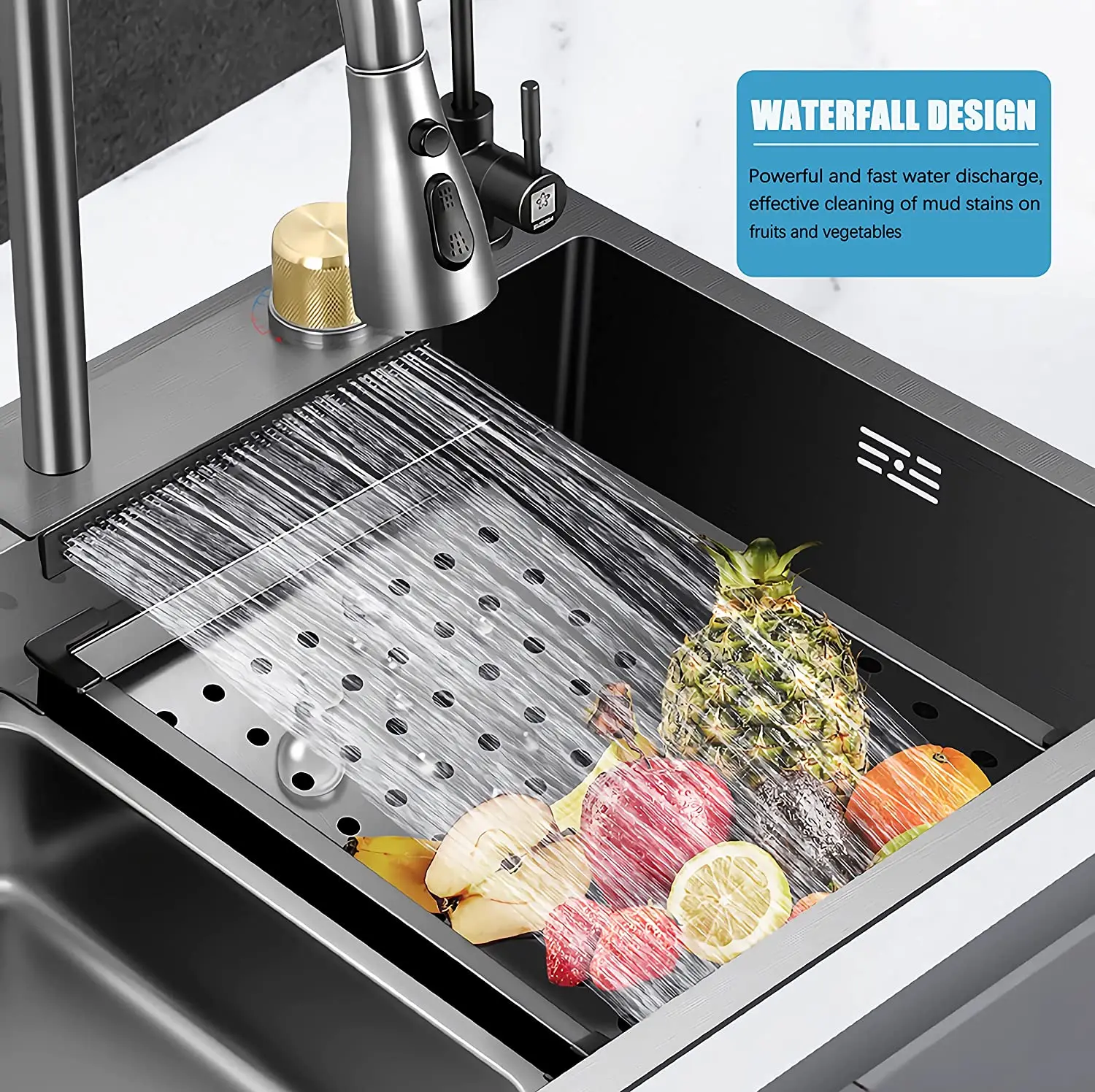 Nano Black Flying Rain Drop In Stainless Steel Watefall Kitchen Sink Single Bowl with Pull Down Faucet Se