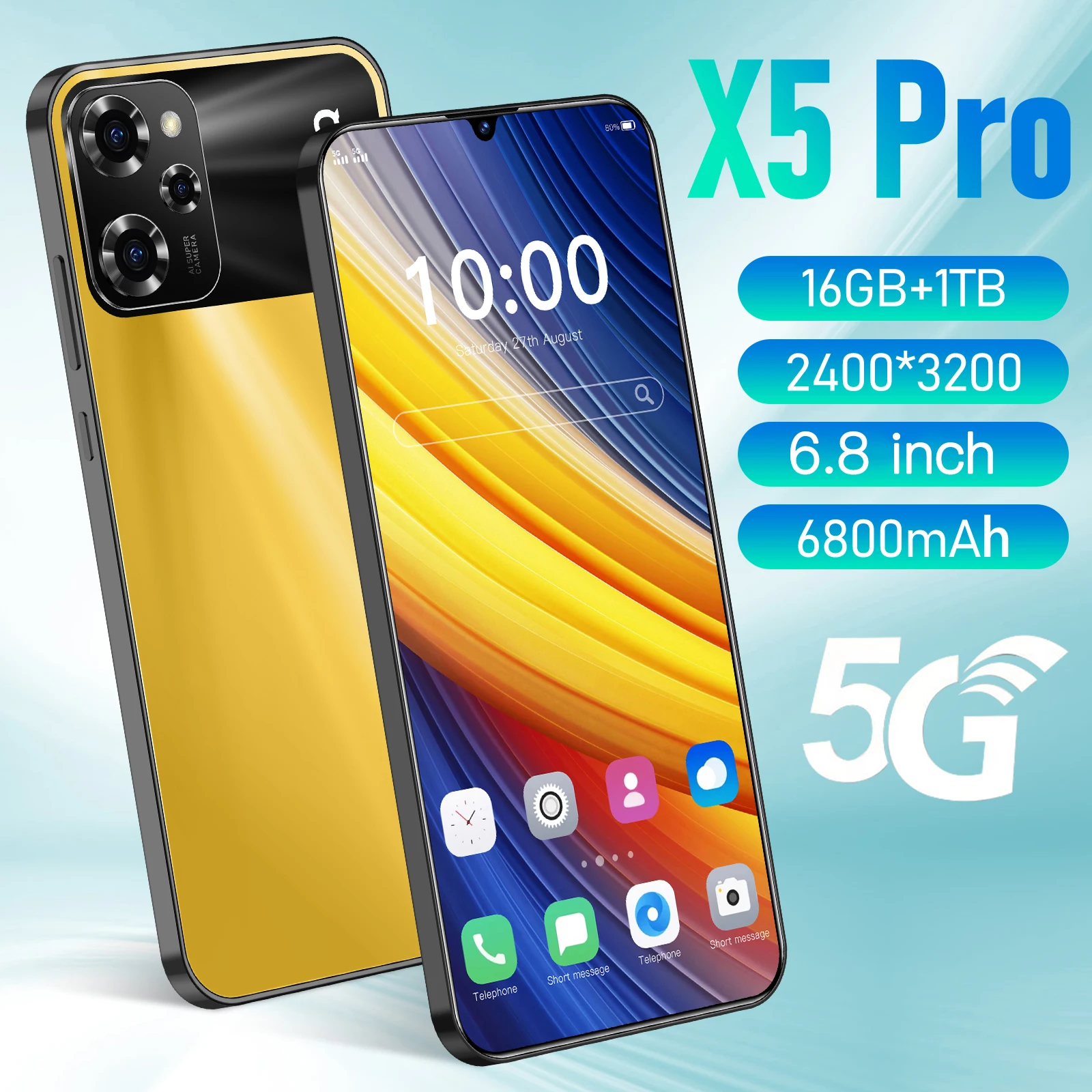 

Mobile Phone X5 Pro 6.8 HD Screen Smartphone Original 16G+1T 5G Dual Sim Celulares Android Unlocked 108MP 6800mAh cellphone