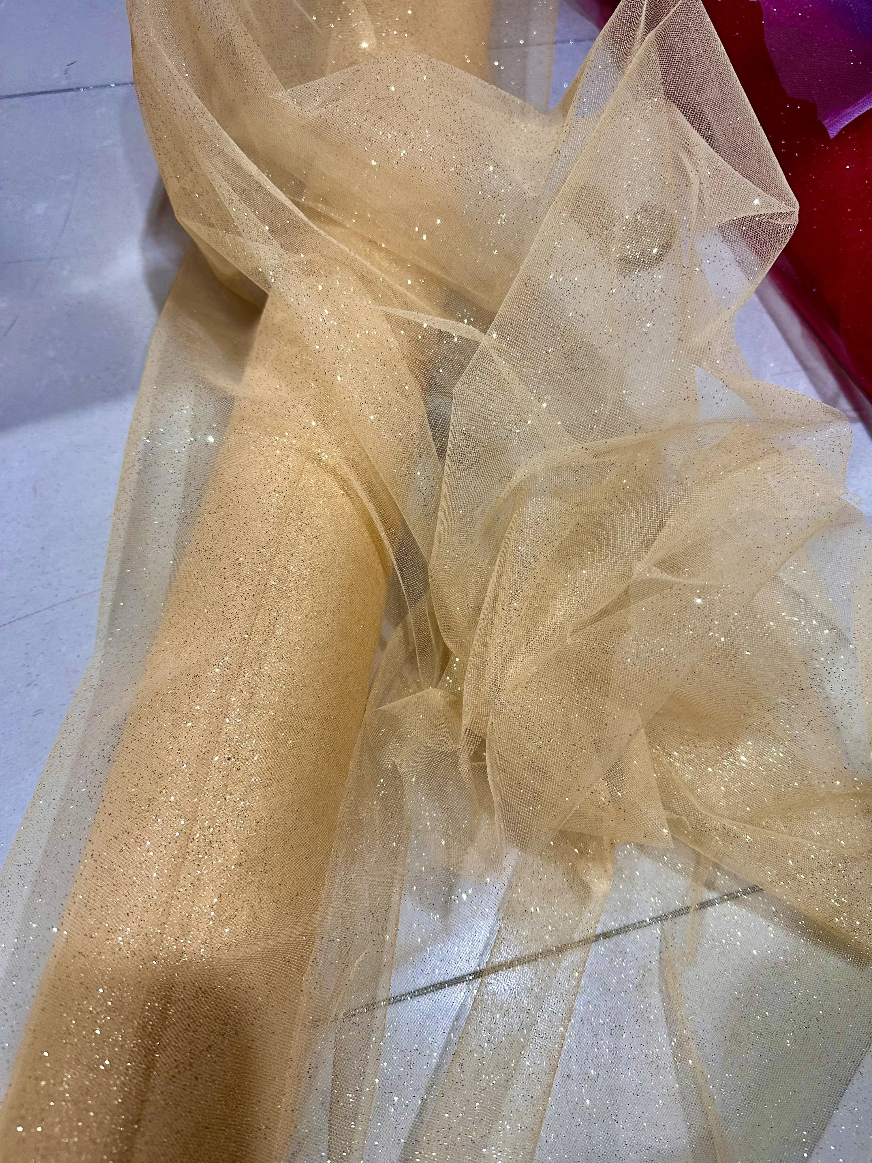 Purple Champagne Fine Glitter Crystal Mesh Tulle Wedding Dress Fabric