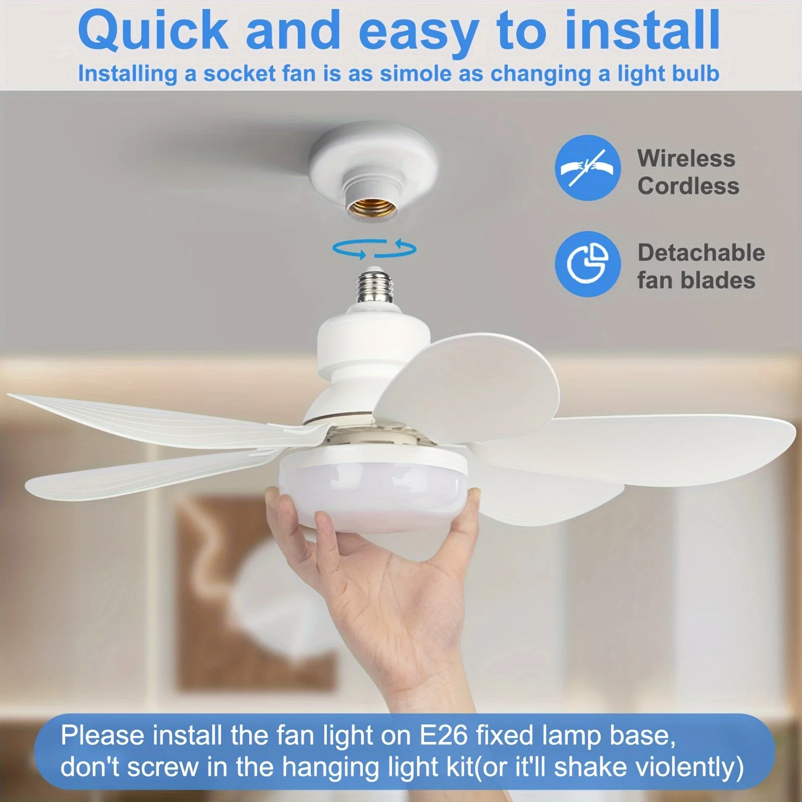 LED 40W Socket Ceiling Fan with Light, 20.5in Screw Ceiling Fans with Lights with Remote, For Bedroom/Garage/Kitchen 3