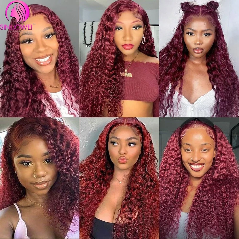 Water Wave 99J Burgundy 13x6 Human Hair Lace Frontal Wigs 200% Brazilian Human Hair Burgundy Wave Curly