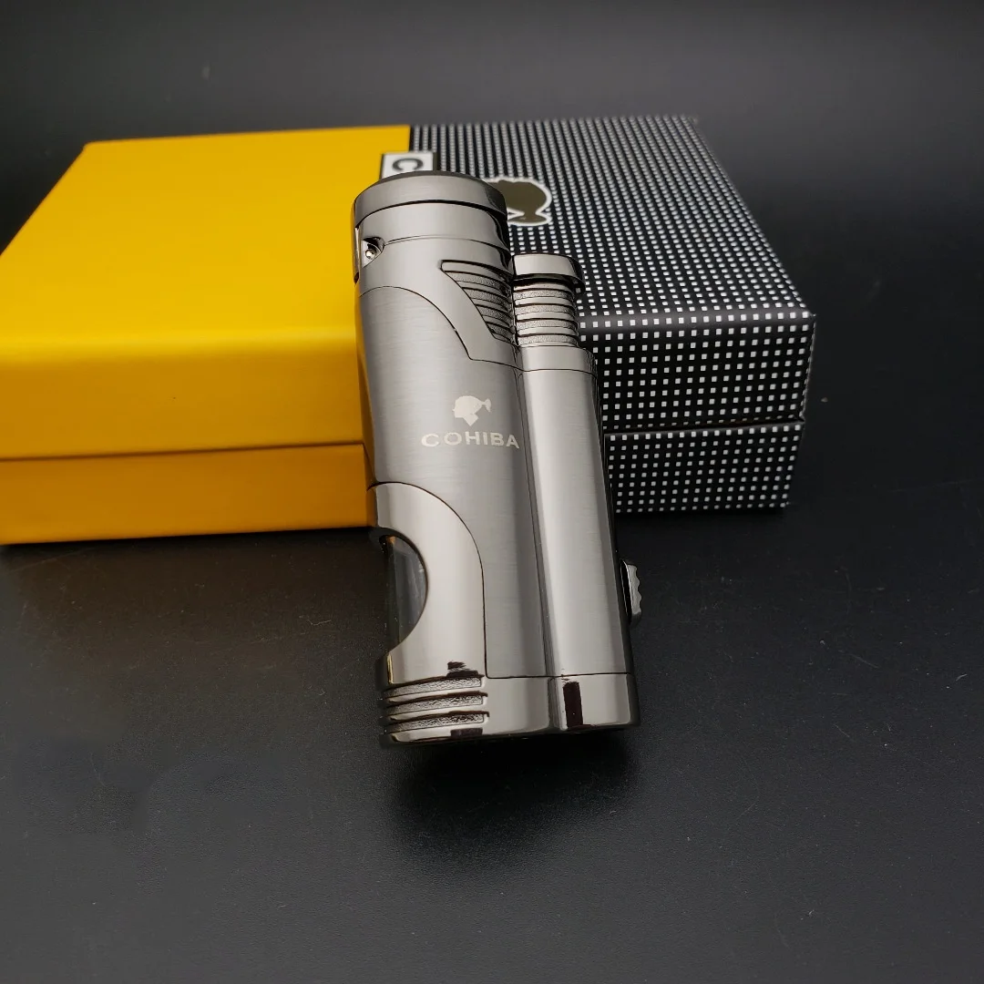 

New Cigar Double Direct Charge Lighter Inflatable Metal Band Cigar Knife Scissors Gift Box Packaging for Men's Gifts Noble