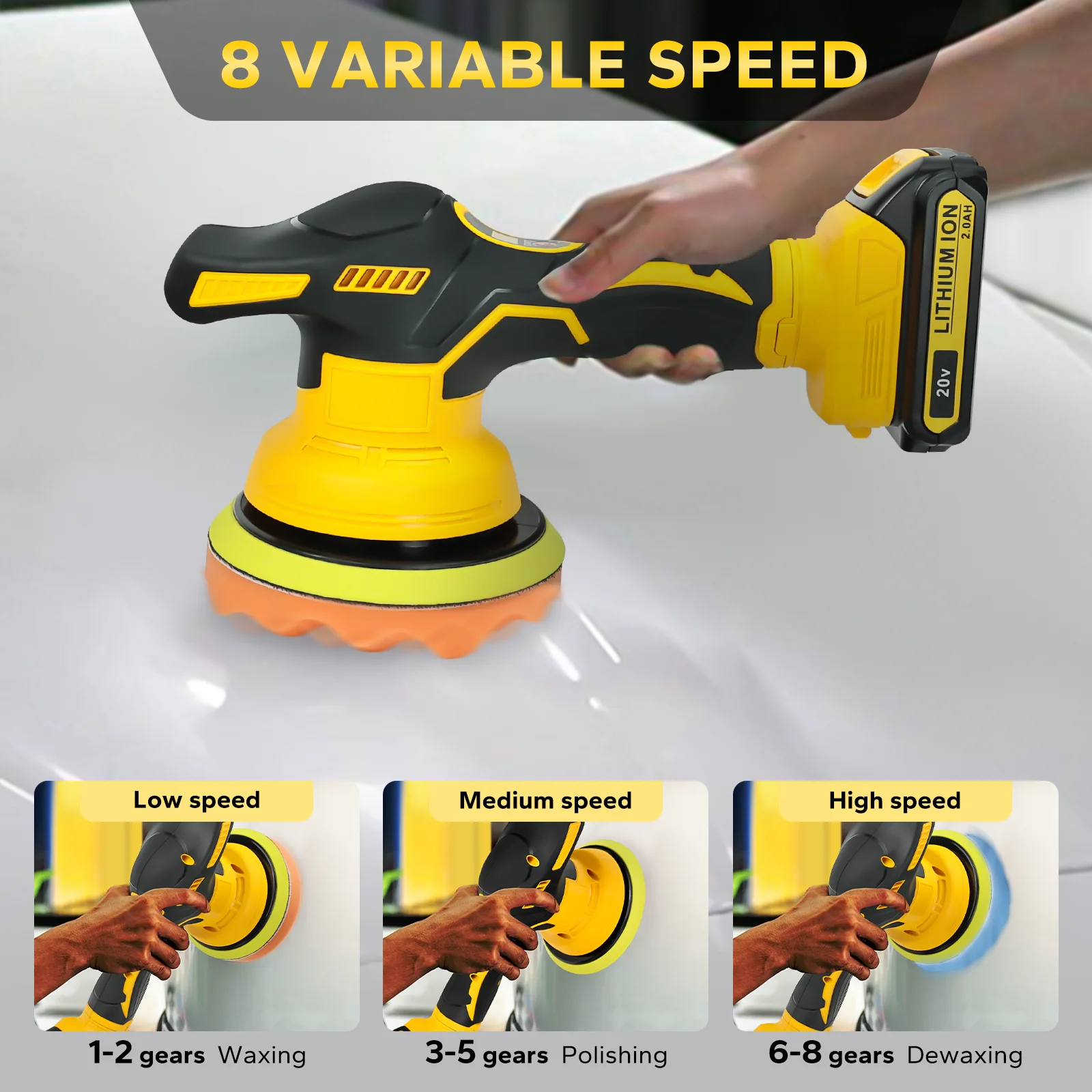 Cordless Car Buffer Polisher 5000RPM 8 Variable Speed Portable Orbital Buffer Po
