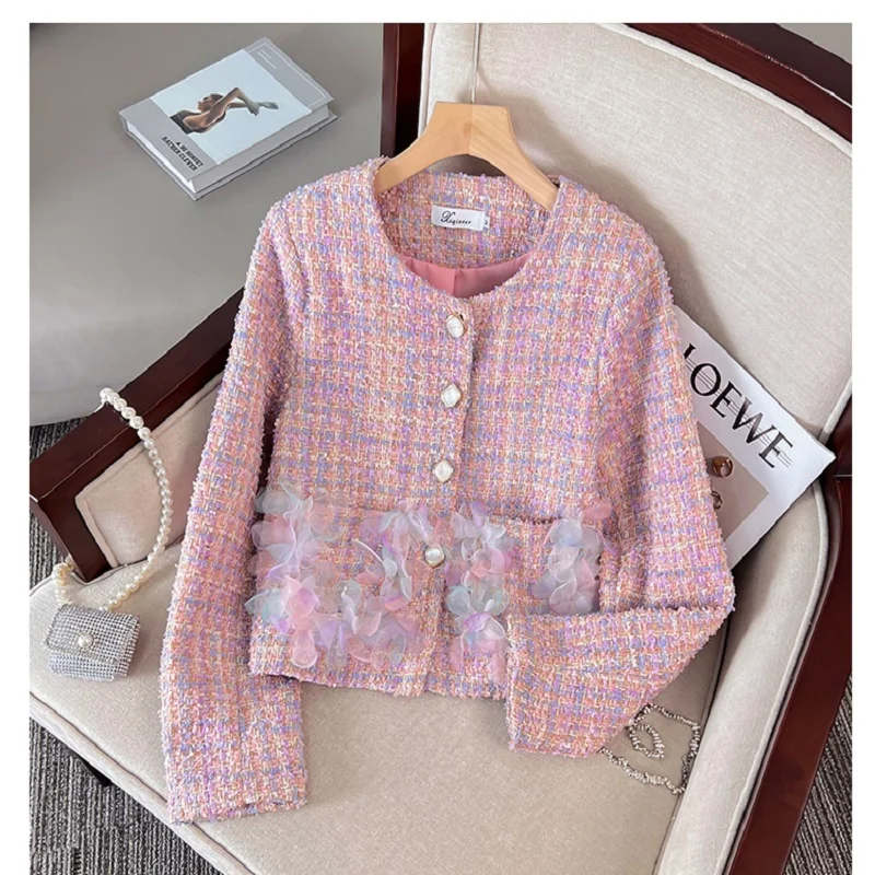 

Женское пальто из твида, розовое пальто с ароматом, осень 2023