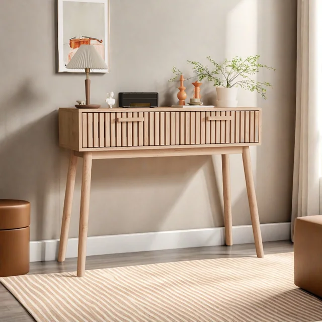 Anajqaqia Table console étroite 100x35x80cm avec 2 tiroirs, table d'appoint, table d'entrée en bois, table de canapé pour salon 1