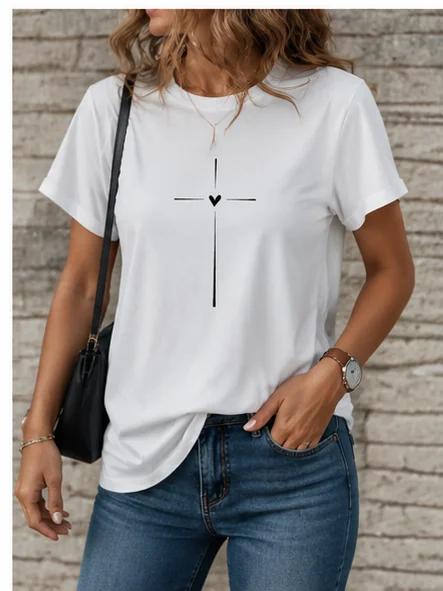 T-shirt sportiva casual da donna, girocollo, semplice, artistica, con design a croce e cuore, estetica artistica - immagine 3