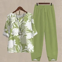 Summer 2 Piece Set Women Loose Short Sleeve Shirt Top High Waist Pants Flower Print Outfits Ladies Elegant Vintage Suit Fall - Image 2