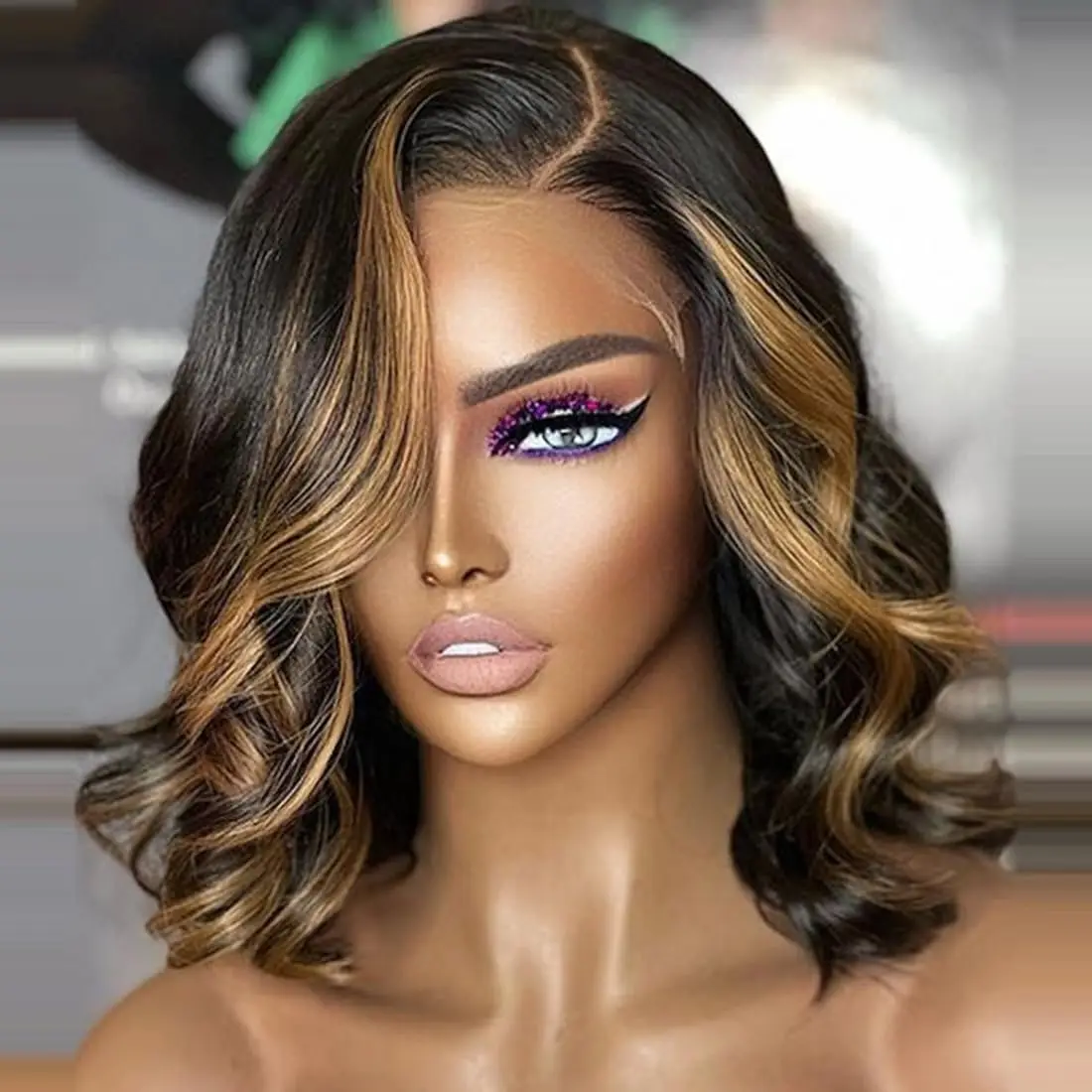 Body Wave 1B/30 Short Bob Wig Ombre Highlight 13x4 Lace Frontal Wig Bob Human Hair For Women
