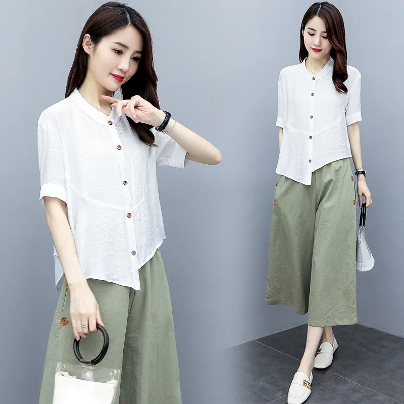 new Pink Linen Trouser Suits Women Loose Short Sleeve Single Breasted Long Shirts Casual Wide Leg Pants Set Woman 2 Pieces