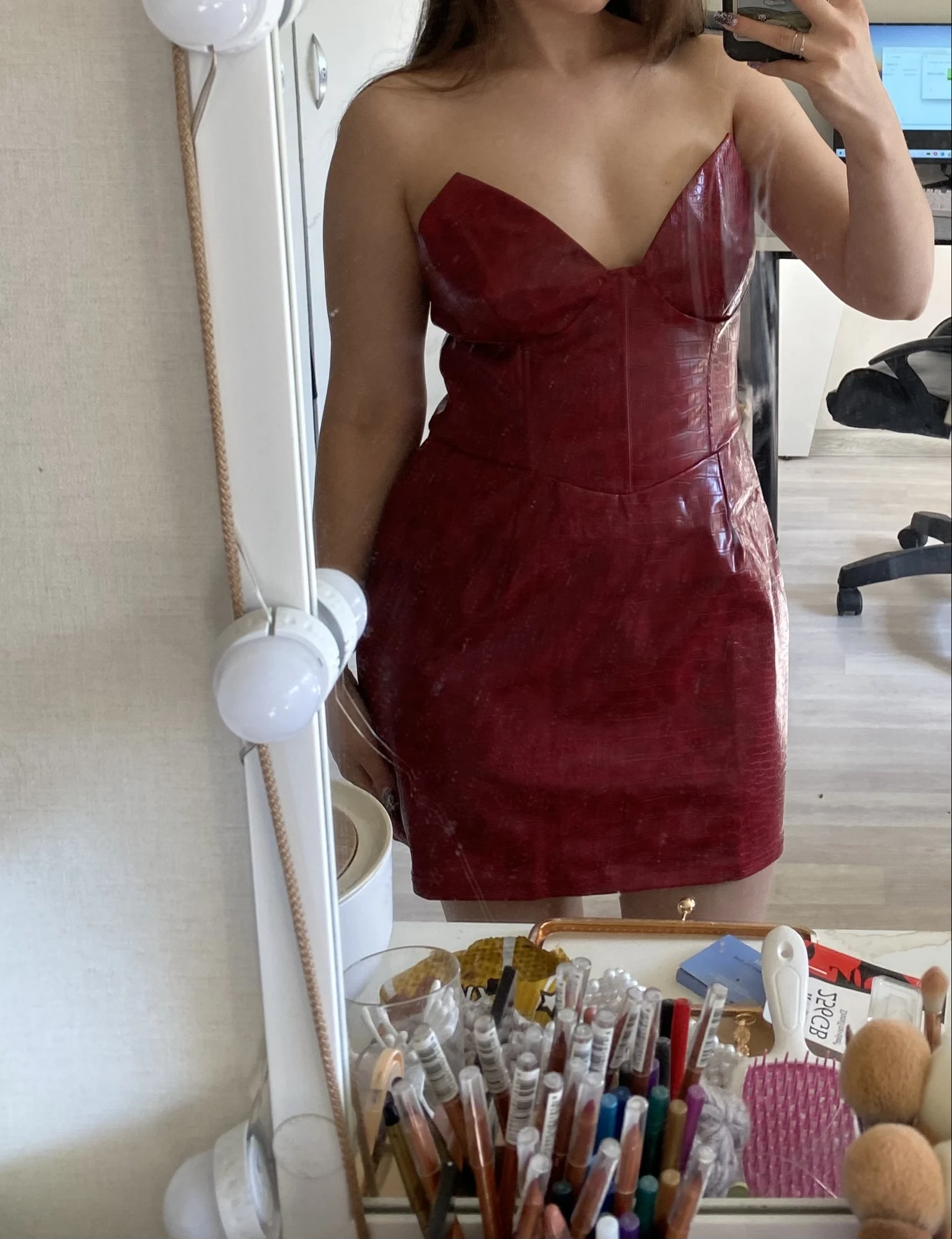 Glamorous Strapless Leather Mini Dress - Empire Waist Elegance photo review