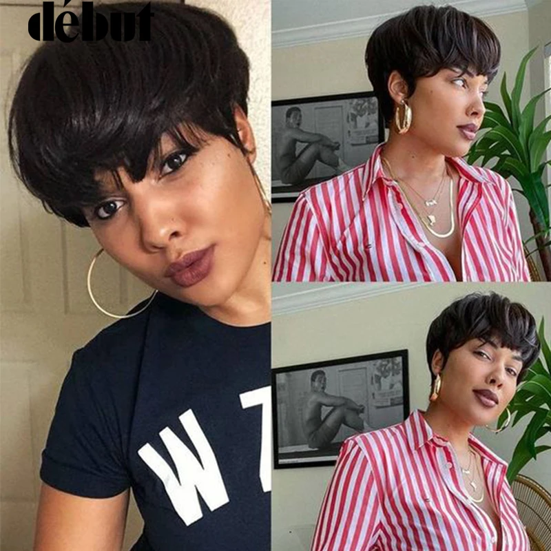 Honey Blond Short Bob Pixie Cut Top Lace Transparent Brazilian Human Hair Wig With Bangs For Black Women