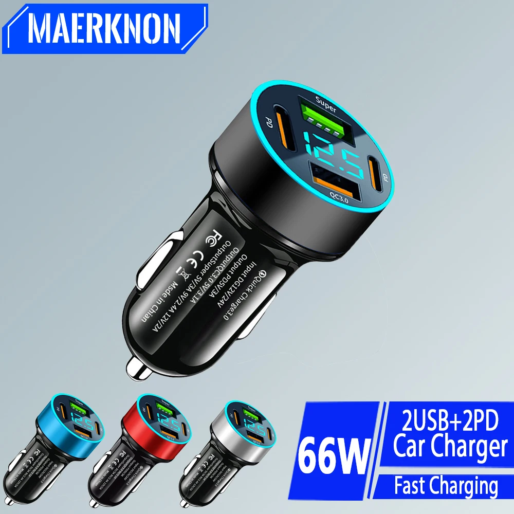 66W USB Car Charger 4 Ports USB Type C Fast Charging QC3.0 For iPhone Samsung Huawei Xiaomi Car Charger