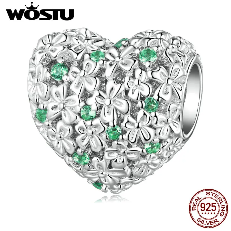 

WOSTU 925 Sterling Silver Heart of Luck Bead Pavé Setting CZ Charms for Women Fit Bracelet & Necklace Luxury Jewelry Love Gift