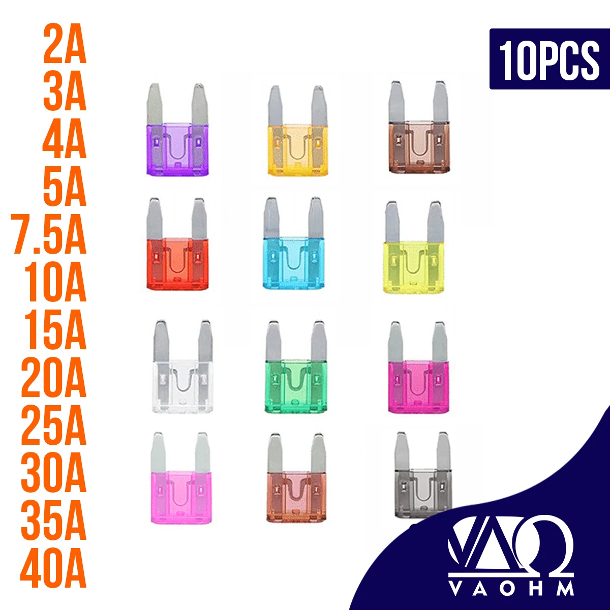 10PCS Auto Blade Type Small Car Fuses 3A 5A 7.5A 10A 15A 20A 25A 30A 35A 40A
