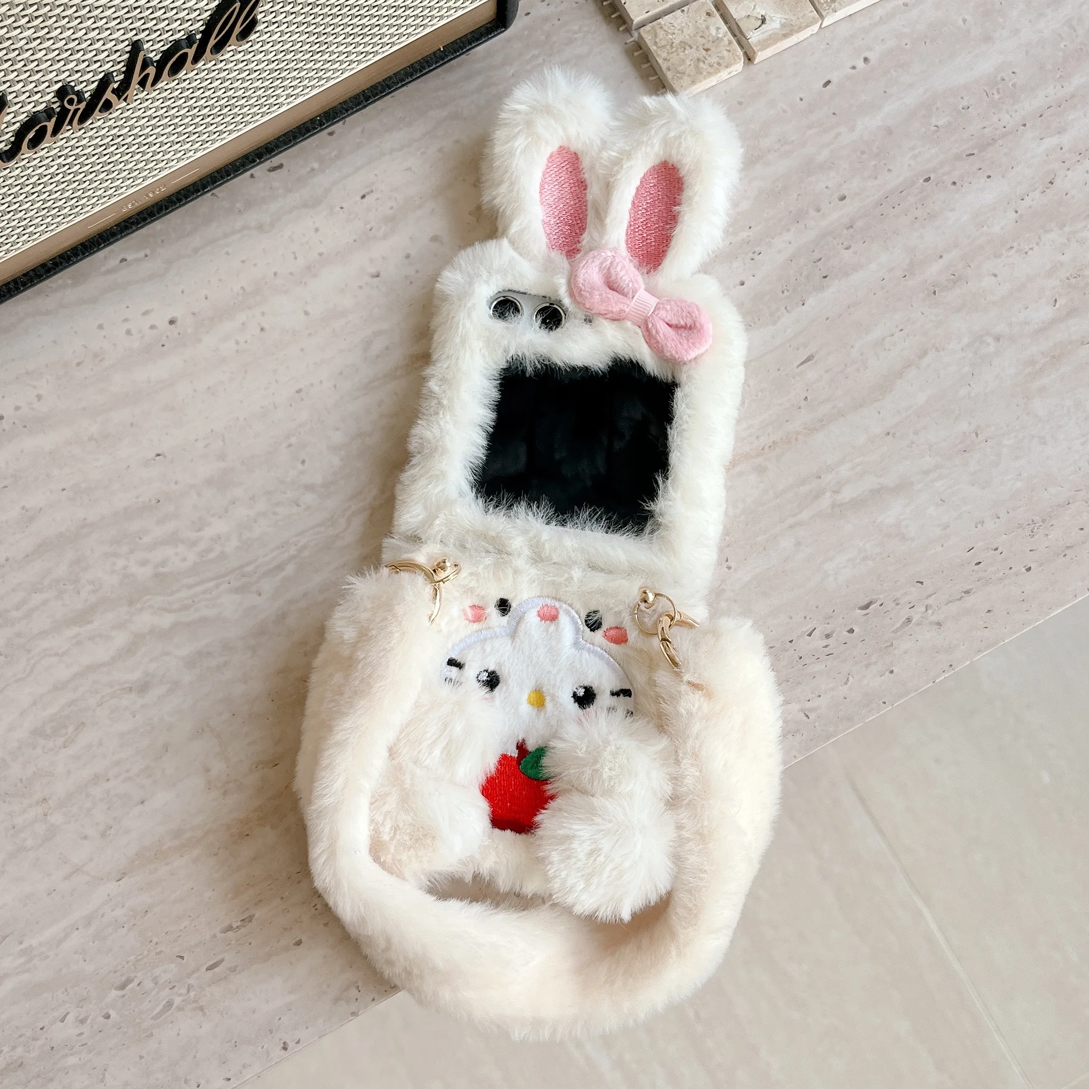 Charming White Rabbit Plush 3D Bow Phone Case with Wrist Strap and Anti-Drop Protection