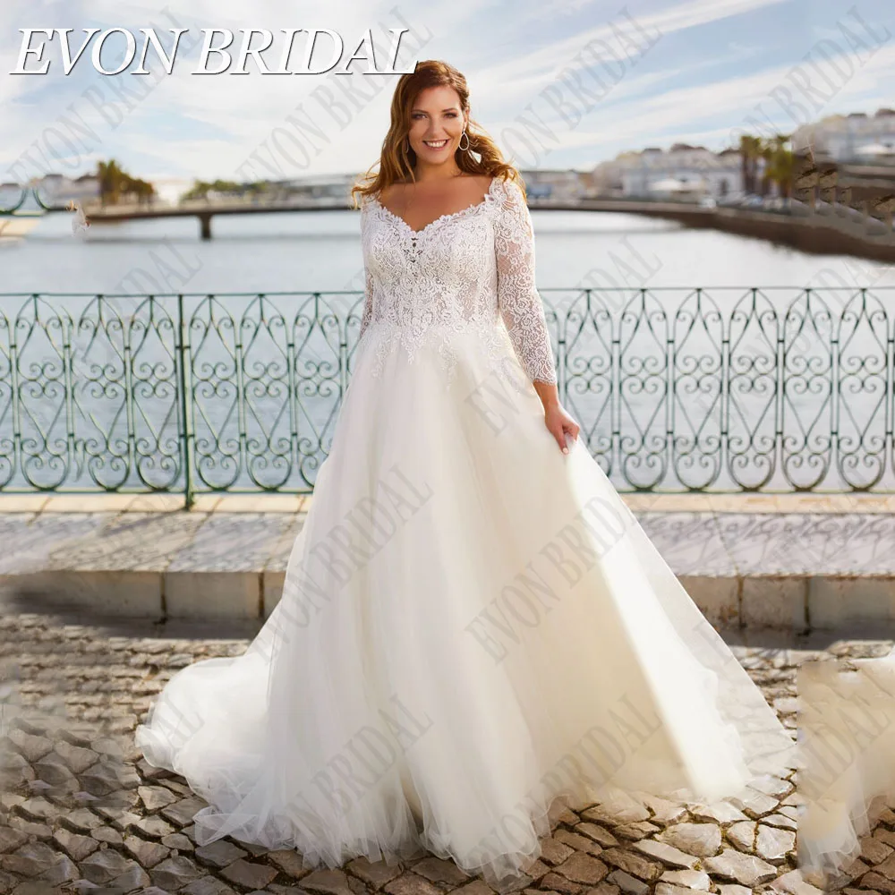 

EVON BRIDAL Lace Long Sleeves Wedding Dresses Plus Size V-Neck A-Line Bride Gowns Backless Tulle Classic Vestidos De Novia