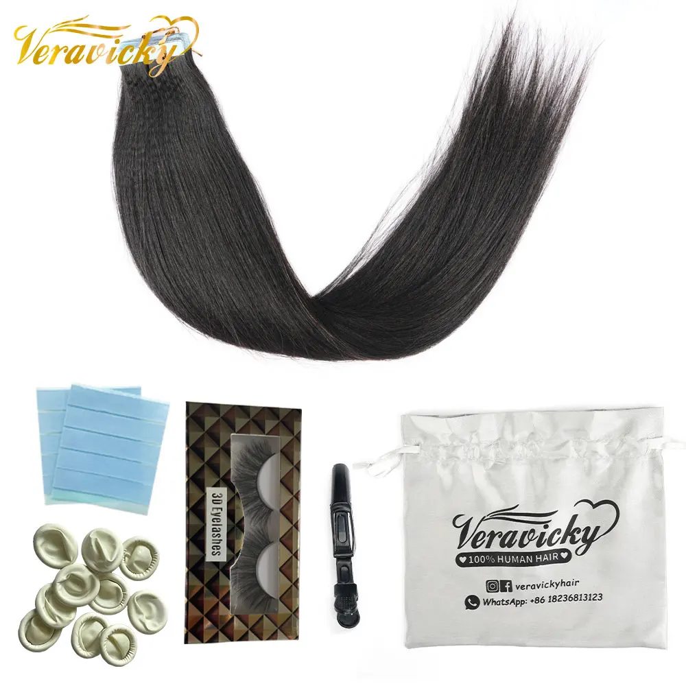 Veravicky Light Yaki Tape In Extensions 50g -- 200g Natural Black Remy Human Hair Weaves Silk Yaki Straihgt Tape Ins 14-24inch