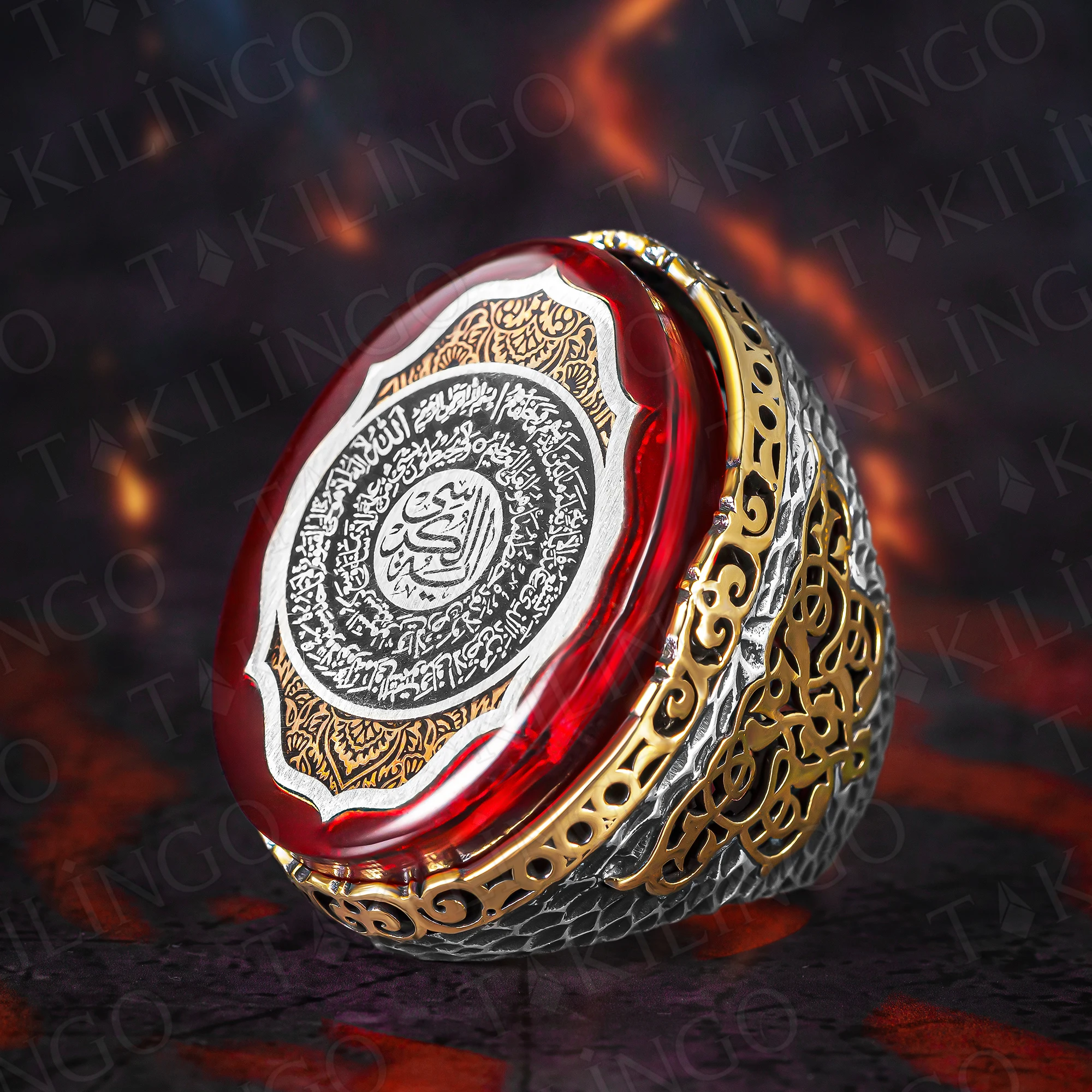 

925 Sterling Silver Huge Ayat ul Kursi islamic Amber Stone Mens Ring, Huge Muslim Ring,Religious Ring, Big Ring