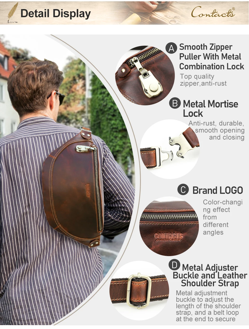 Kontakt Echt leder Männer Hüft tasche Designer Passwort Schloss Reise Taille Gürtel Gürtel Pack kleine Tasche Tasche männliche Brusttasche – Detail 12