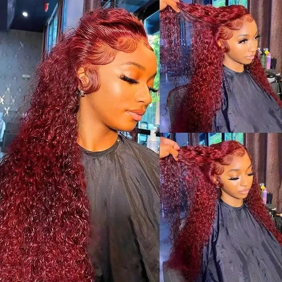 30 Inch13x4 99J Burgundy HD Lace Frontal Human Hair Wig Pre-Plucked Transparent Lace Red Curly Deep Wave Frontal Wig For Women 6