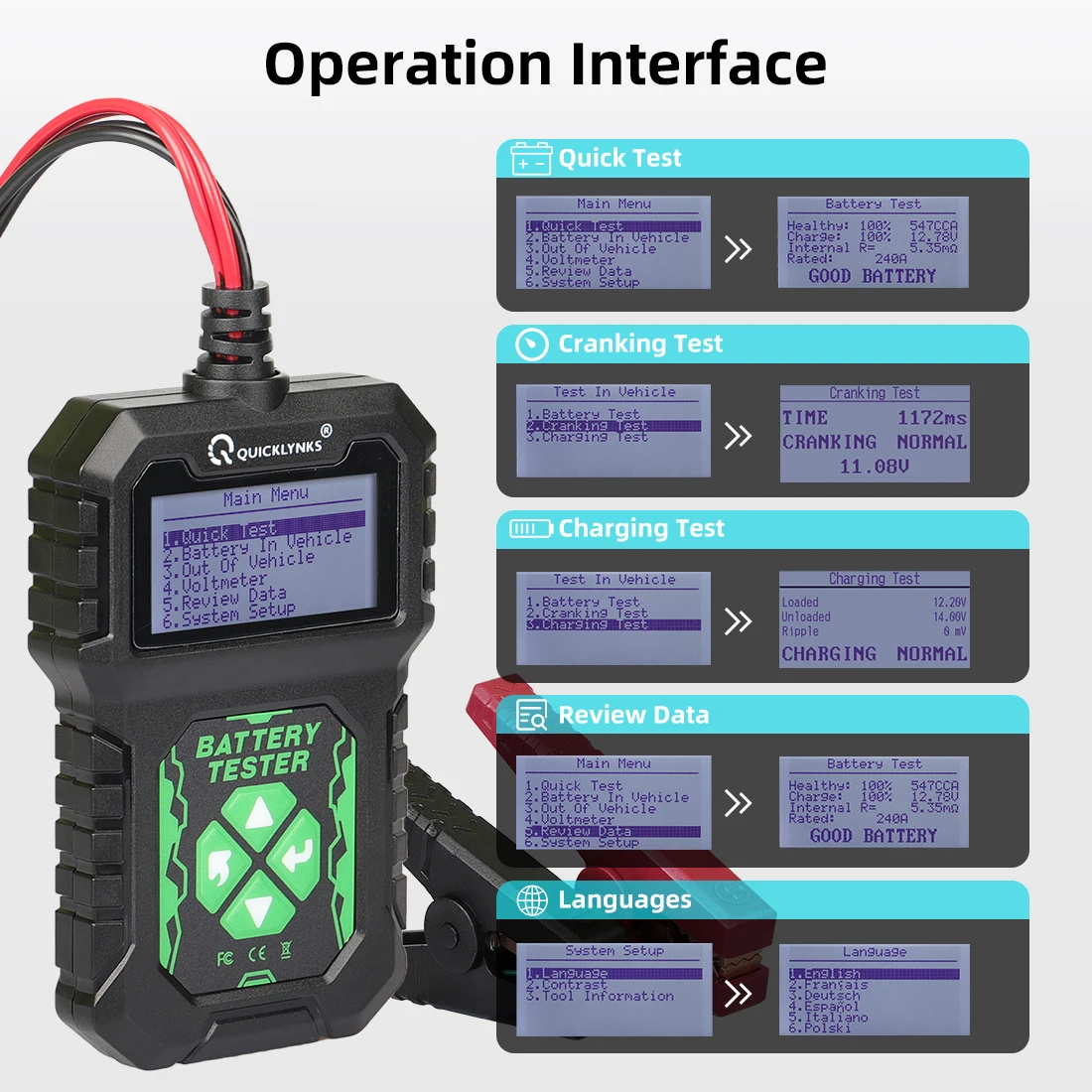 Battery Monitoring Tester QUICKLYNKS BA107 Car Battery Tester 12V 100-2000CCA Cranking Charging System Tester Auto Battery Analyzer Battery Tools PK KW208