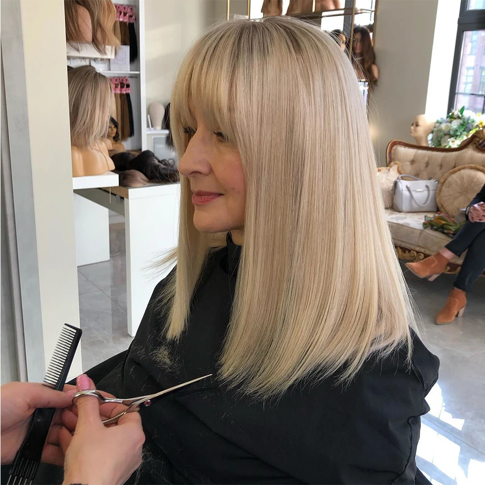 New in Cute Bob Wig Honey Blonde Ash Roots Melting Straight Lace Frontal Wigs with Bangs Brazilian Human Hair for Women Glueless