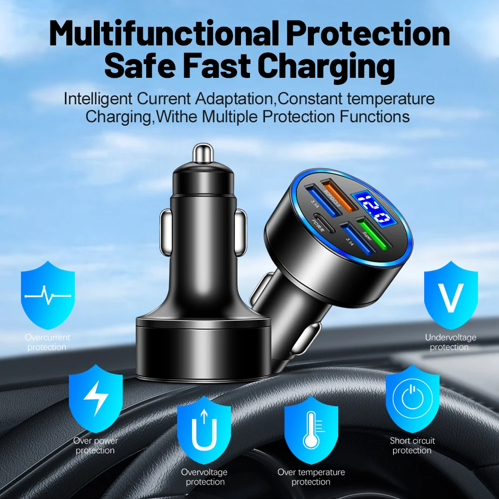 250W PD QC3.0 Car Charger 5 Port Cigarette Lighter Splitter Fast Charge Digital Display For iPhone Samsung Xiaomi Huawei Phone