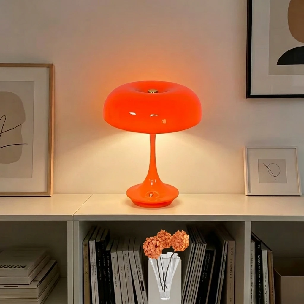 LED 버섯 모양 테이블 램프, 터치 컨트롤 3색 조광 가능, 모던 오렌지 침실 장식 램프, 침실 및 사무실용