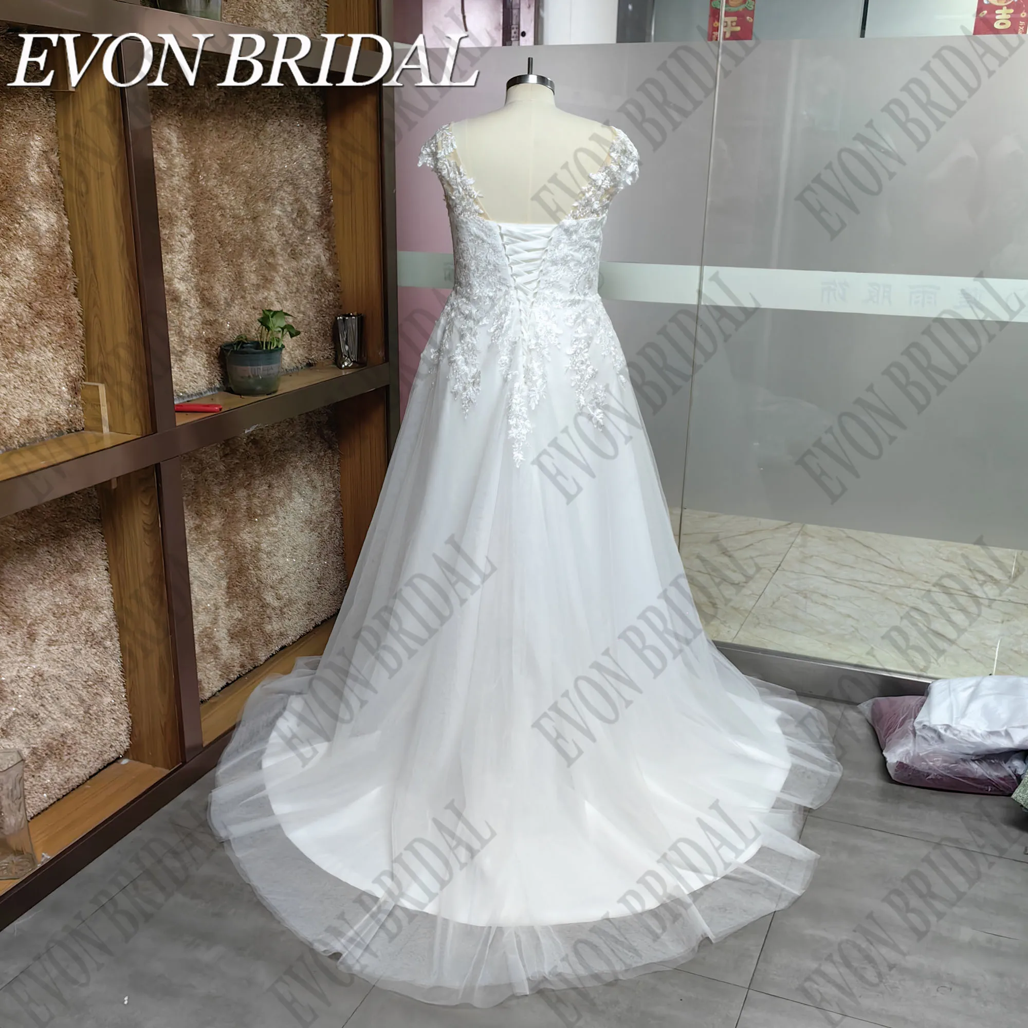 EVON BRIDAL Oversize Wedding Dress For Bride Cap Sleeves V Neck Robe De Mari&eacute;e Applique Elegant Bridal Gowns Customized