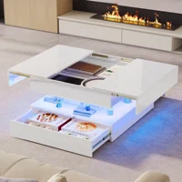 Table basse Superaly avec éclairage LED, table de salon avec 2 tiroirs et espace de rangement dissimulé, table d'appoint, finition brillante, pour salon, bureau, blanc 3