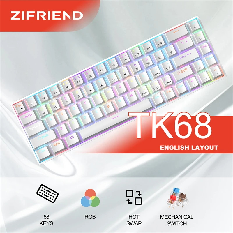 ZIFRIEND TK68 Mechanical Keyboard 68 Keys Hot Swappable Wired Real