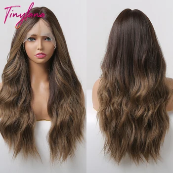 Parrucche sintetiche anteriori in pizzo trasparente ondulato lungo Parrucca frontale in pizzo marrone dorato Ombre per capelli naturali con chiusura cosplay per donne nere