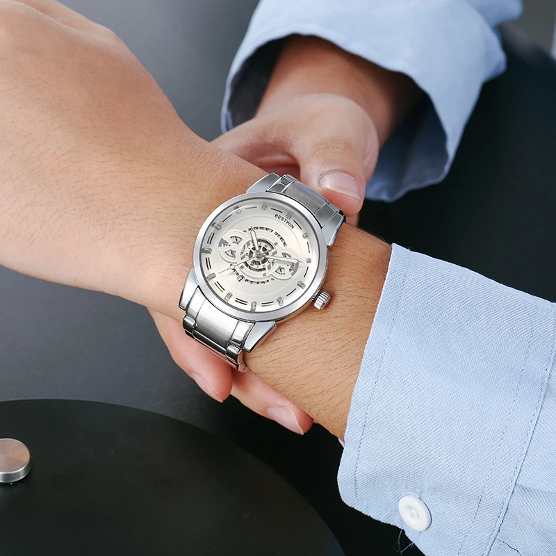 Men Watch Luxury Skeleton Numerals Hollow Stainless Steel Dial Band High Quality Quartz Watch Gift Male Bussiness Wristwatch2023