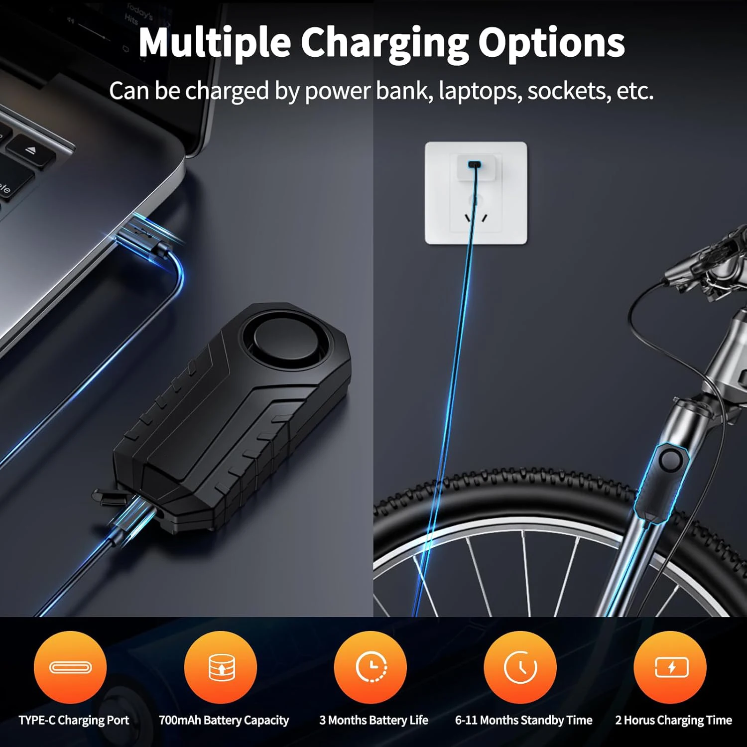 무선 자전거 알람, USB 충전, 방수 오토바이, 전기 자전거 진동 알람 리모컨, 분실 방지 보안 센서-Freehip.co.kr