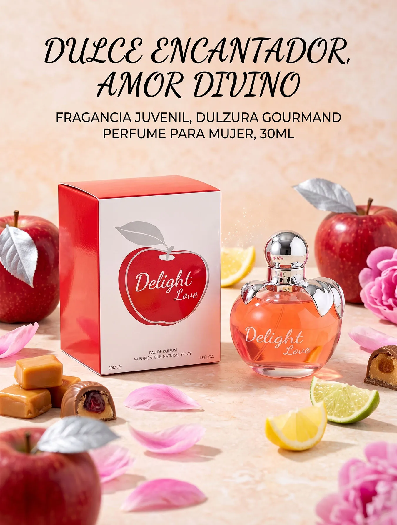 Perfume Delight Love 30ml Mujer Eau de Parfum Fragancia Frutal Dulce Gourmand Manzana Caramelizada Praliné Peonía Esencia Femenina Juvenil Mini de Bolsillo Ideal Viaje Citas Regalo Original Delicioso Fresco