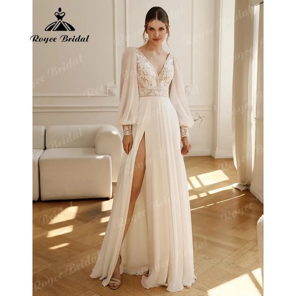 

Split Side Puff Long Sleeve Lace Boho Bohemian Wedding Dress for Women 2024 Open Back Wedding Gown for Bride robe de mariée
