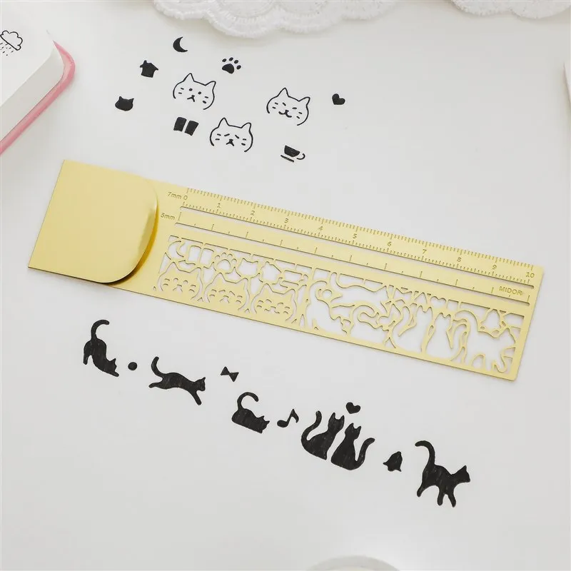 1pc Kawaii 고양이 눈금자 중공 금속 책갈피 눈금자 그림 그리기 일기 손 계산 도구를위한 다기능 눈금자 귀여운 선물