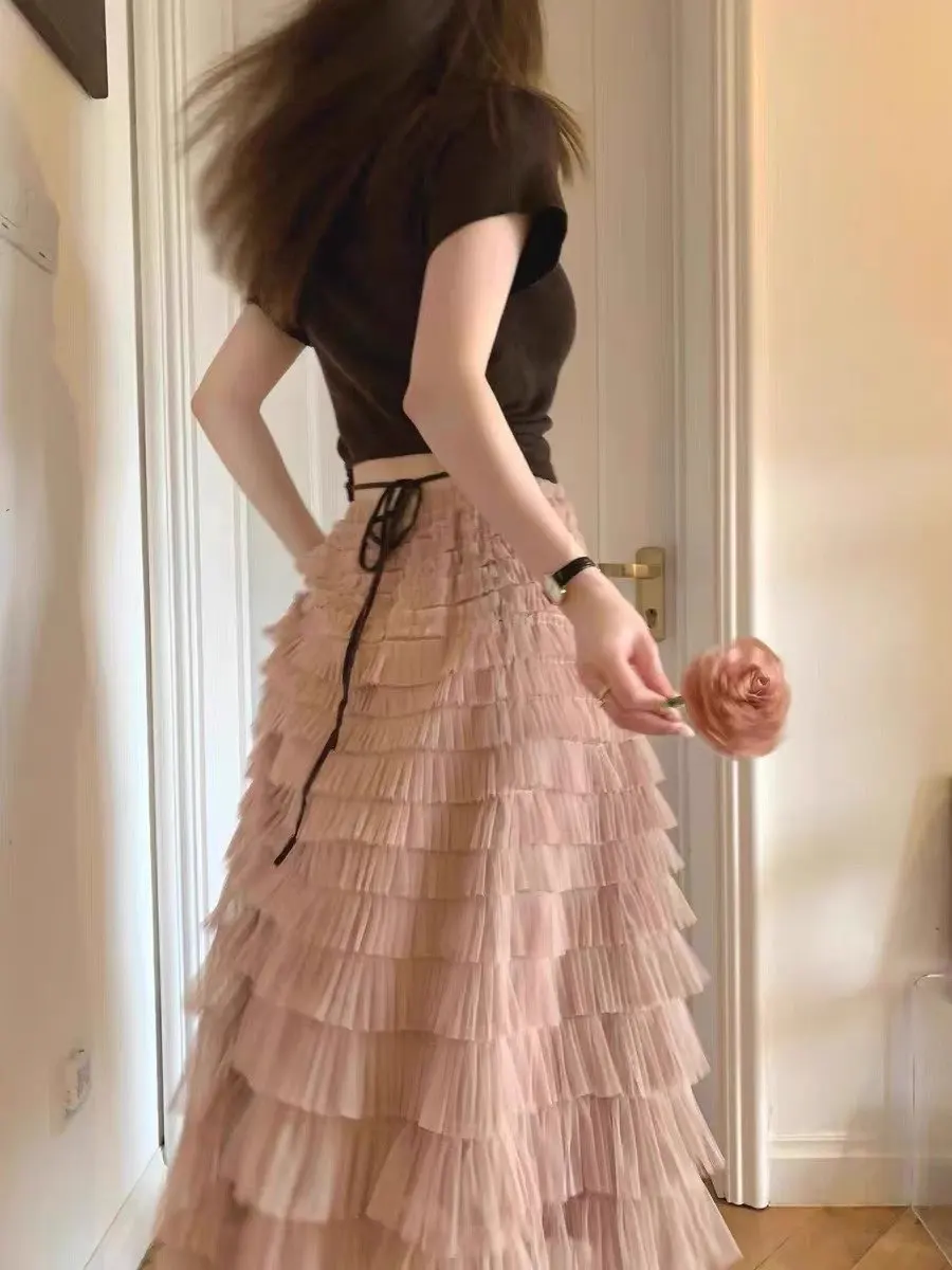 HOUZHOU Solid Multilayer Ruffle Mesh Skirt Women Boho High Waist Long Maxi Tulle Skirt Spring Summer Party Women's Clothing photo review