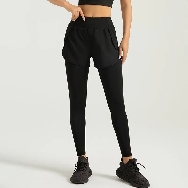 Yoga gym quick-drying fake two-piece pocket yoga pants high waist hip lifting running fitness sports tight trousers